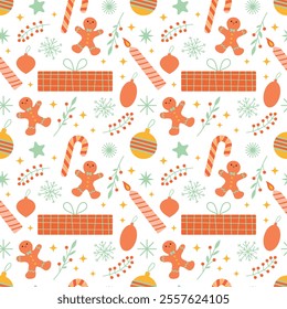 Christmas seamless pattern. Gift box, gingerbread man, decorations, branches and berries. Vector illustration for packaging, wrapping paper, fabric, greeting card, background