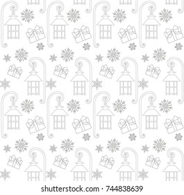 Christmas seamless pattern with gift box, street lantern and snowflake. Coloring book page for adults and kids. Vector illustration for xmas gift card, certificate, banner, sticker, badge,background.