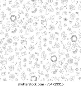 Christmas seamless pattern with gift box, xmas tree, deer, snowman, gingerbread cookie, candle, bell, poinsettia, sleigh, wreath and other. Black line contour on white background