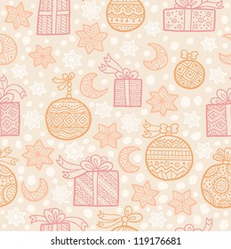 Christmas seamless pattern with gift boxes, decorative balls and stars