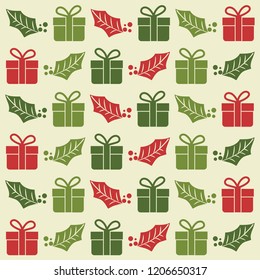 Christmas seamless pattern with  gift boxes and mistletoe. Christmas background. Christmas wrapping. Flat design