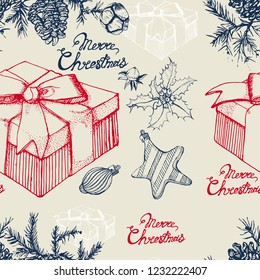 Christmas seamless pattern with gift boxes for Christmas decorations ,Holly , vector ,greeting card gifts