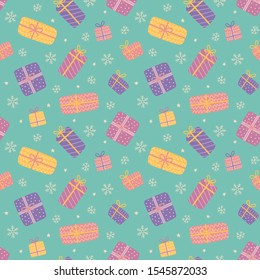 Christmas seamless pattern with gift boxes. Cute presents. Vector illustration on cartoon and flat style