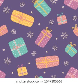 Christmas seamless pattern with gift boxes. Cute presents. Vector illustration on cartoon and flat style