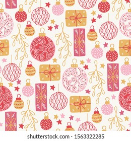 Christmas seamless pattern with gift boxes, branches, stars, balls, snowflakes on white background. Perfect for greeting cards, wallpaper, gift paper, winter decorations