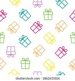 Weihnachten nahtloses Muster mit Geschenkbox. Weiße Feriengrafik, Vektorgrafik. Neujahr präsentiert Textur Konzept.