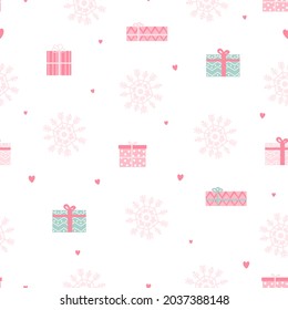 Patrón de Navidad sin fisuras con cajas de regalo, copos de nieve y corazones para envolver papel o tela en estilo infantil