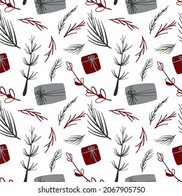 Christmas seamless pattern with gift boxes, snowflakes, tree branches, balls. Scandinavian style vector for paper, wallpaper, fabric, interior design.