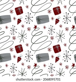 Christmas seamless pattern with gift boxes, snowflakes, tree branches, balls. Scandinavian style vector for paper, wallpaper, fabric, interior design.