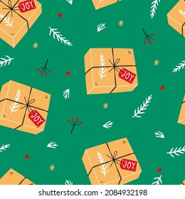 Navidad sin fisuras con cajas de regalo, ramas y bayas. Ilustración del vector