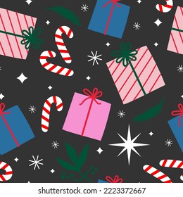 Christmas seamless pattern with gift boxes, candy sticks, and snowflakes. New year design. Wrapping paper for Christmas gift boxes, vector illustration
