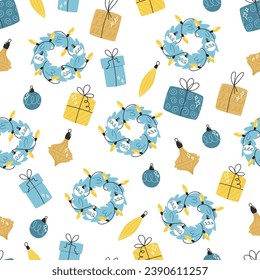 Christmas seamless pattern with gift boxes in flat style