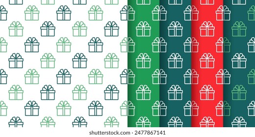 Christmas seamless pattern with gift boxes. Xmas red green background. New year texture with presents. Set of festive wrapping papers. Vector illustration. Collection holiday prints