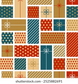 Christmas seamless pattern with gift boxes. Flat style. Template for winter holidays design. Vector illustration