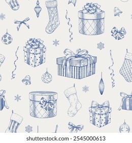 Christmas seamless pattern with gift boxes toys bows socks bells ribbon snowflakes. Blue beige. Hand drawn engraved elements. Toile Vintage vector background for design package, paper, decor new year