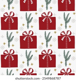 Navidades sin patrón en cajas de regalo y ramas de abeto. Ilustración vectorial de moda dibujada a mano