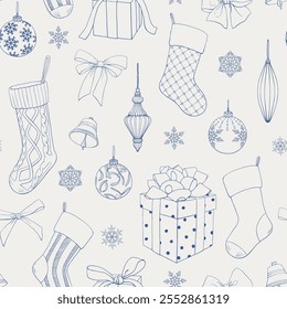 Christmas seamless pattern with gift boxes, toys, bows, socks, bells, snowflakes Blue beige. Hand drawn linear elements.Vintage vector background for design holiday package, gift paper, decor new year