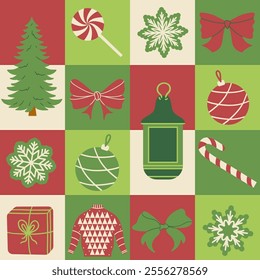 Christmas seamless pattern with gift boxes, snowflakes, toys, balls and Christmas tree. Template for wrapping paper and textile.
