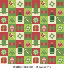 Christmas seamless pattern with gift boxes, snowflakes, toys, balls and Christmas tree. Template for wrapping paper and textile.