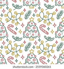 Christmas seamless pattern with gift boxes, santa, candy cane, christmas ball. Doodle color line illustration. Perfect for fabric, scrapbooking, banner, card, wrapping paper, textile, wallpaper.