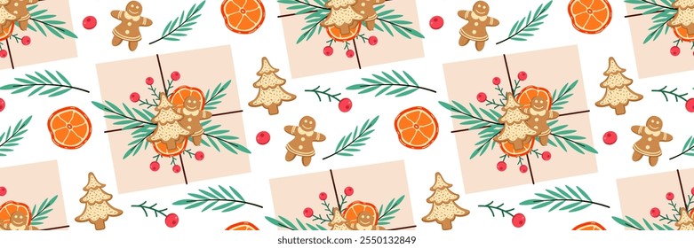 Christmas seamless Pattern. Gift in craft paper Decorated with orange slices, ginger cookies, berry. Christmas motif background. Rustic gift box for New Year. Winter pattern. Vector flat illustration.