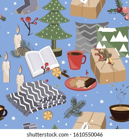 Christmas seamless pattern. Gift, pillows, fir tree branches, cocoa cup, and cookies on blue background. Christmas, winter, new year concept. Vector illustration
