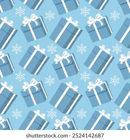 Weihnachten nahtloses Muster mit Geschenk und Schneeflocken auf blauem Hintergrund. Perfekt für Urlaubseinladungen, Winter-Grußkarten, Tapeten und Geschenkpapier.