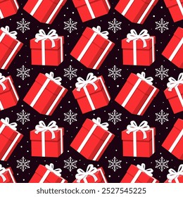 Christmas seamless pattern with gift and snowflakes on black background. Perfect for holiday invitations, winter greeting cards, wallpaper and gift paper.