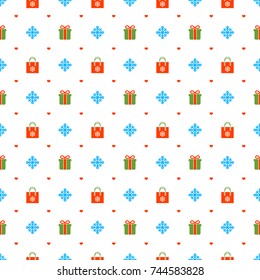 Christmas seamless pattern with gift and snowflakes on white background. Vector background for wrapping paper or greeting cards