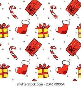 
christmas seamless pattern gift, sock and candy cane