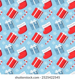 Christmas seamless pattern with gift, sock, candy, snowflake on blue background. Perfect for holiday invitations, winter greeting cards, wallpaper and gift paper.