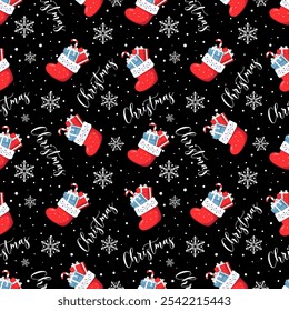 Christmas seamless pattern with with gift, sock, candy cane, snowflakes and Christmas lettering on a black background. Perfect for holiday invitations, winter greeting cards, wallpaper and gift paper.