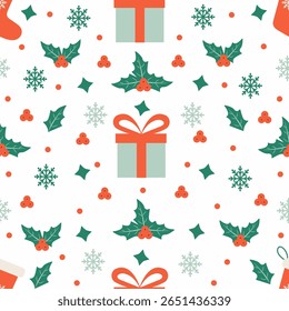 Christmas seamless pattern with gift, christmas sock, and berries, and snowflakes on white background