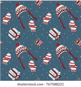 Christmas seamless pattern, Christmas gift, wool, bobble hat, ornament, for holly jolly celebration, decorated wallpaper scrapbook wrapping paper for season greeting in brown, red and navy blue.