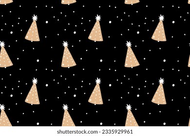 Weihnachtsnahtloses Muster, Geschenkpapier-Design. Weihnachtsbäume auf schwarzem Hintergrund, Ferienstruktur.