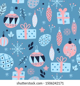 Christmas seamless pattern with gifts, balls, cones and branches on blue background. Perfect for greeting cards, wallpaper, gift paper, winter decorations