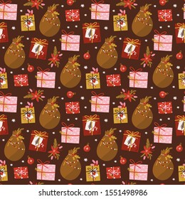 Christmas seamless pattern with gifts box, poinsettia, candy cane. Scandinavian style. Vector illustration