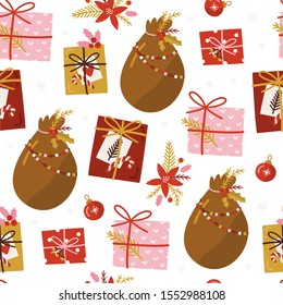Navidad sin fisuras con caja de regalos, poinsettia, caña de caramelo. Estilo escandinavo. Ilustración del vector