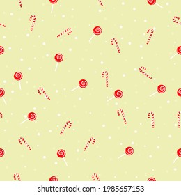 Christmas seamless pattern with gifts, candies, snowflakes on soft yellow background, simple flat vector illustration
