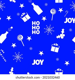 Christmas seamless pattern with gifts, candies, snowflakes,simple flat vector illustration