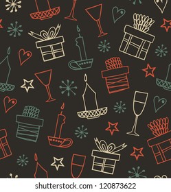 Christmas seamless pattern with gifts, candles, goblets. Endless ornate background with boxes of presents. Hand drawn beautiful holiday texture for crafts, prints, wallpapers