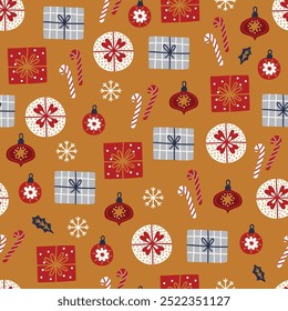 Christmas seamless pattern with gifts, candy canes, snowflakes, balls, baubles on gold background. Perfect for wallpaper, gift paper, winter greeting cards. Vector illustration