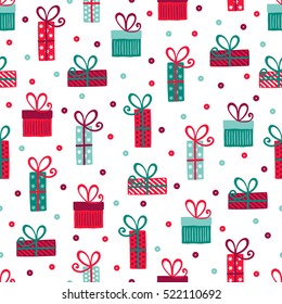 Christmas seamless pattern with gifts and confetti. Perfect for greeting cards, wallpaper, gift paper, web page background, winter decorations.