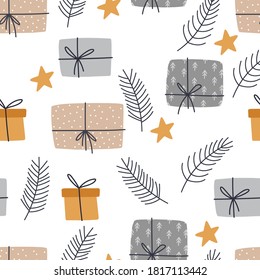 Christmas seamless pattern with gifts. Cozy winter illustration for fabric, wrapping paper, scrapbooking, textile, web, banner, poster and other christmas design. Flat style hygge winter pattern.