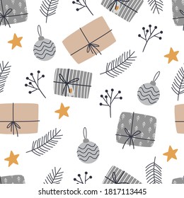 Christmas seamless pattern with gifts. Cozy winter illustration for fabric, wrapping paper, scrapbooking, textile, web, banner, poster and other christmas design. Flat style hygge winter pattern.