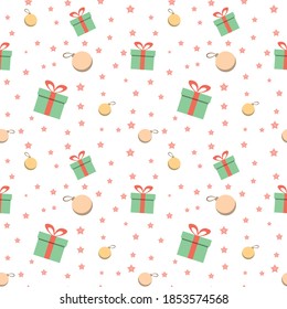 Christmas seamless pattern of gifts, Christmas decorations as balls and stars