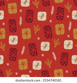 Christmas seamless pattern with gifts, fir branches, snowflakes on red background. Perfect for wallpaper, gift paper, winter greeting cards. Vector illustration