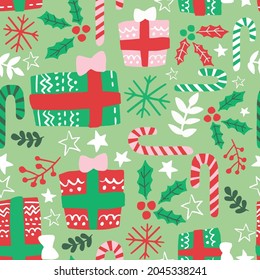 Christmas seamless pattern with gifts. Holiday pattern with presents holly, candy canes, leaves, snowflakes for wrapping paper, pattern fills, xmas web page background.