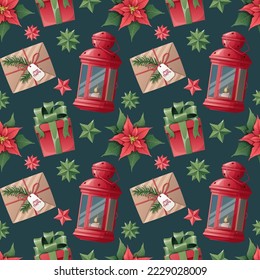Christmas seamless pattern with gifts, lantern, poinsettia on a green background. Festive texture for wrapping paper, scrapbooking, fabric, wallpaper.
