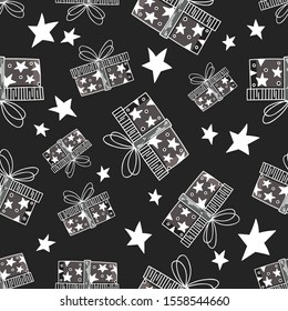 Christmas seamless pattern. Gifts on a gray background. Monochrome gift boxes. Can be used for printing, textiles, wallpapers, websites, postcards, wrapping paper and posters.